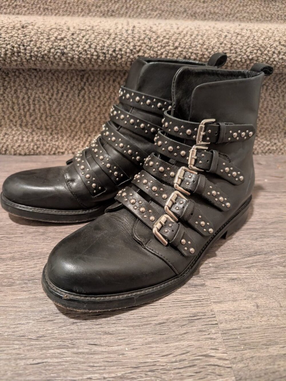 Maje Black Studded Leather Buckle Ankle Boots